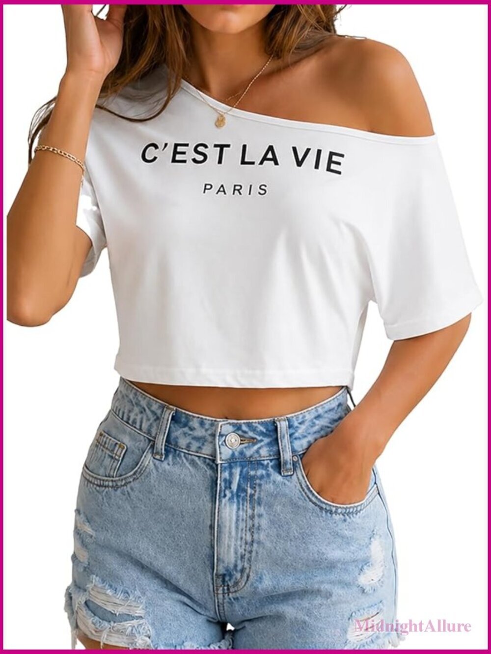 Off Shoulder Graphic Crop Top Short Sleeve Summer Tee Asymmetrical Letter Print
